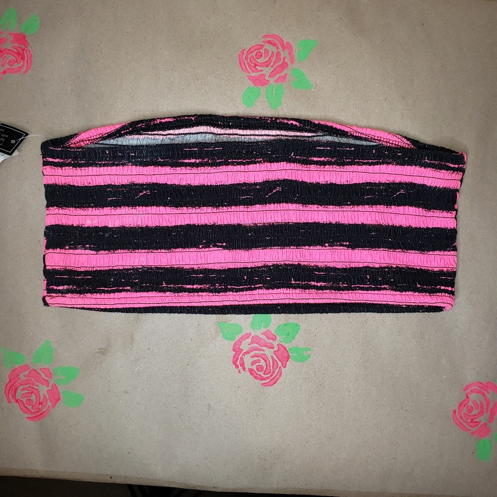 NEW NEON HOT PINK BLACK STRIPED TUBE TOP JUNIOR'S SIZE XL - Picture 5 of 8